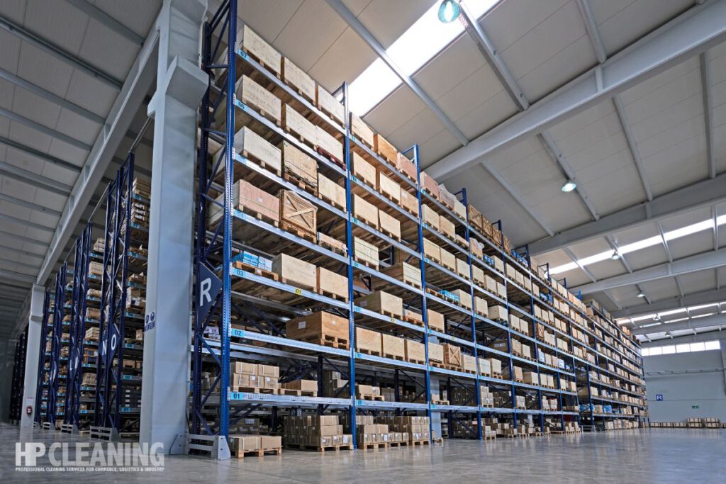 High-bay warehouse shelving in a commercial distribution centre
